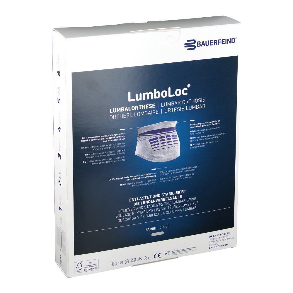 Rückseite der Produktverpackung. Aufdruck: LumboLoc, Rückenstützbandage. Marke: Bauerfeind. Produktinformationen und Logos.