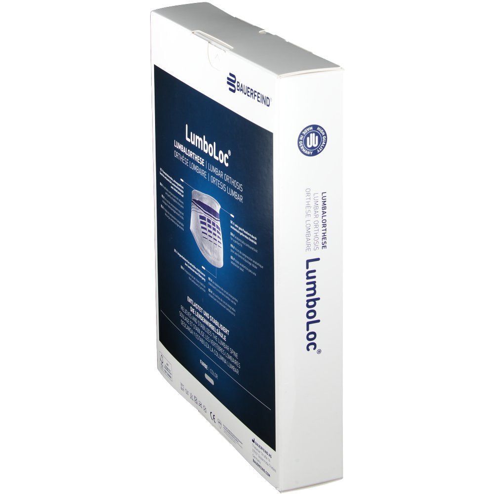 Produktverpackung, seitliche Ansicht. Aufdruck: LumboLoc, Rückenstützbandage. Marke: Bauerfeind. Logo und Zertifizierung.