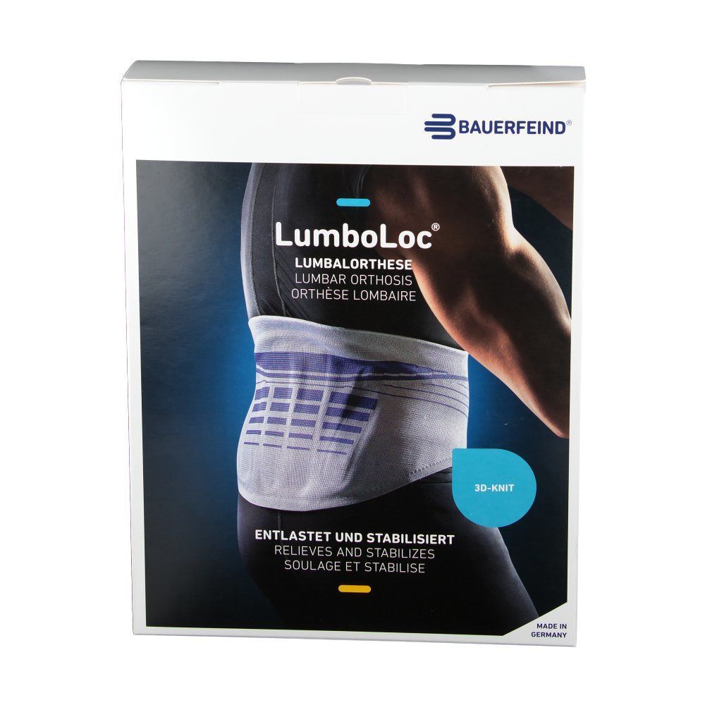 Produktverpackung. Aufdruck: LumboLoc, Rückenstützbandage. Marke: Bauerfeind. Abbildung der Bandage am Körper.