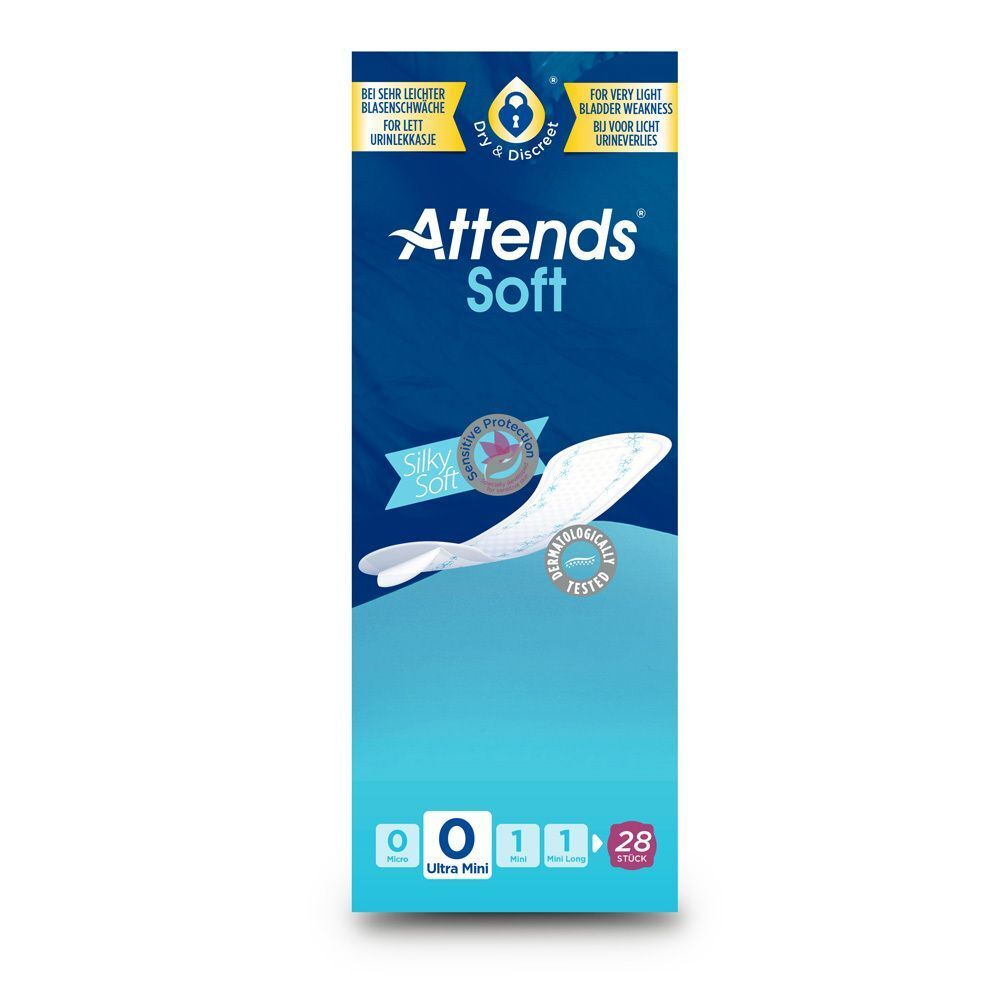 Attends Soft 0 Ultra Mini Einlagen Packung. Produktname und Logo. Einlage abgebildet. Text: Für sehr leichte Blasenschwäche.
