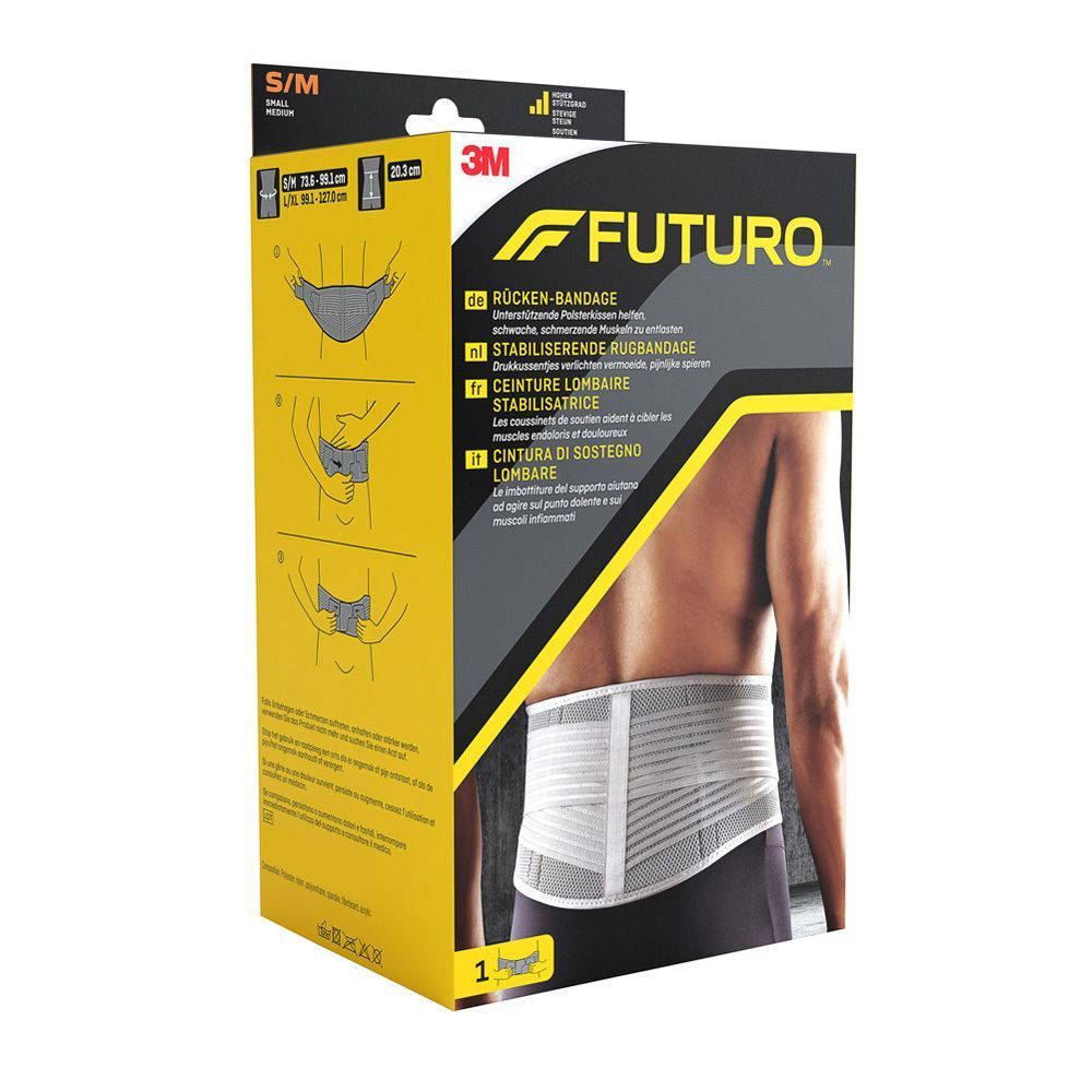 FUTURO™ stabilisierende Rücken-Bandage S/M in Verpackung. Schwarze und gelbe Verpackung mit Produktabbildung und Text.