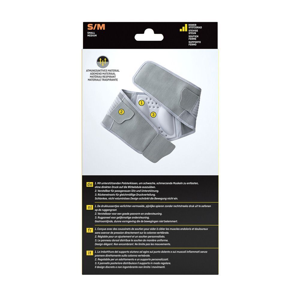 Rückseite der FUTURO™ stabilisierenden Rücken-Bandage S/M Verpackung. Produktabbildungen und Text in mehreren Sprachen.