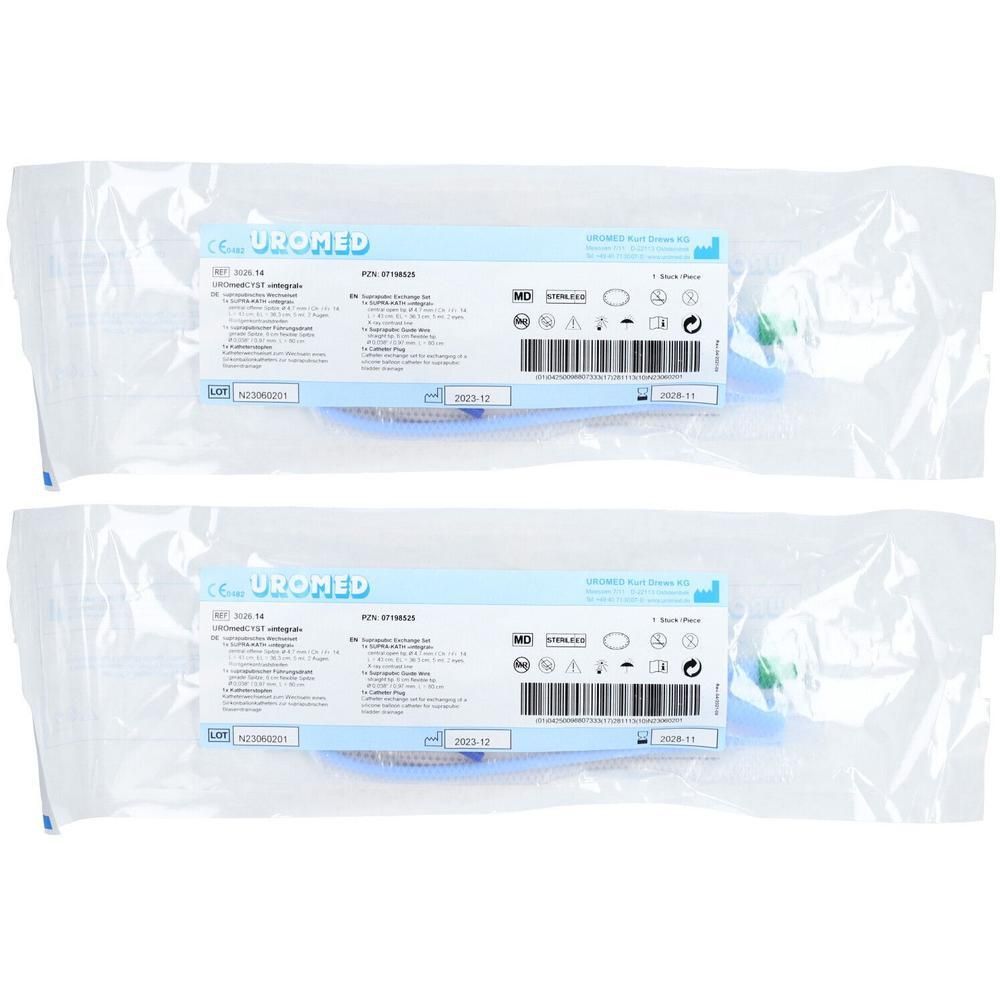 Zwei sterile Sets in Folienverpackung. Aufdrucke: UROMED, Cyst Ch 14, Steril, R/3026. Grüne Verschlusskappen.