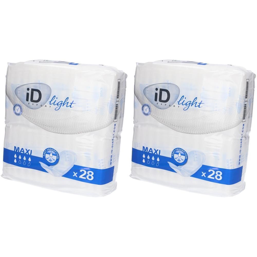 Zwei Packungen iD Light Maxi Einlagen. Weiße Verpackung mit blauer Schrift. Aufschrift: iD light, Maxi, x28.