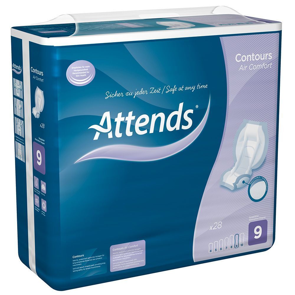 Attends Contours Air Comfort 9 Packung. Vorlagen-Abbildung. Text: Sicher zu jeder Zeit / Safe at any time.