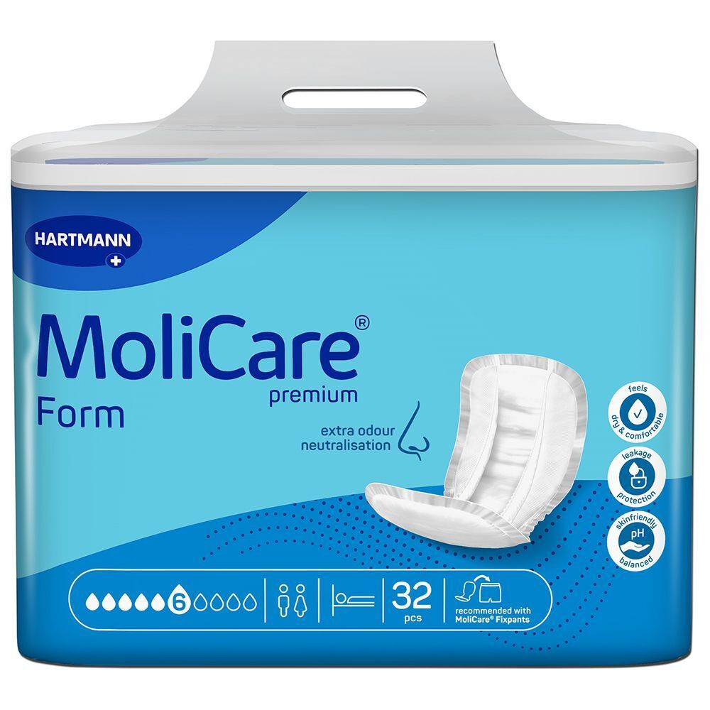 MoliCare® Premium Form Packung. Blaue Verpackung mit Produktabbildung und Logo. 6 Tropfen, 32 Stück.
