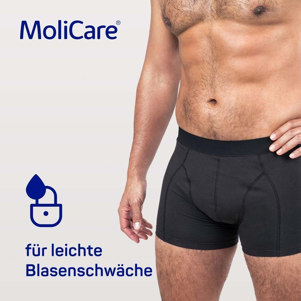 Mann in schwarzer Inkontinenzhose. Logo MoliCare®. Text: für leichte Blasenschwäche. Blaue Tropfen-Symbol mit Schloss.