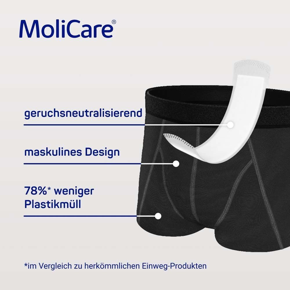 Schwarze Inkontinenzhose mit Pad. Logo MoliCare®. Text: geruchsneutralisierend, maskulines Design, 78% weniger Plastikmüll.