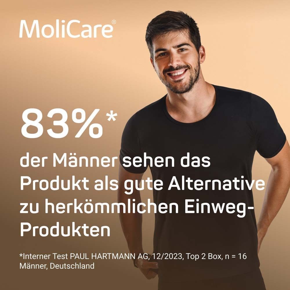 Mann lächelt. Logo MoliCare®. Text: 83% der Männer sehen das Produkt als gute Alternative zu herkömmlichen Einweg-Produkten.