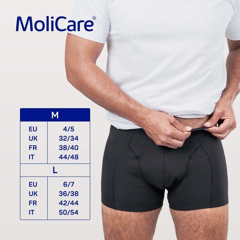 Mann in schwarzer Inkontinenzhose. Größenangaben: M (EU 4/5, UK 32/34, FR 38/40, IT 44/48) und L (EU 6/7, UK 36/38, FR 42/44, IT 50/54).