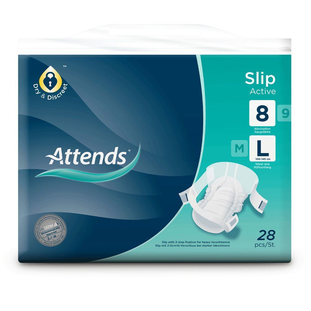 Attends Slip Active 8 L Packung. Produktabbildung, Größenangabe, und Text. 28 Stück. Trocken und diskret.