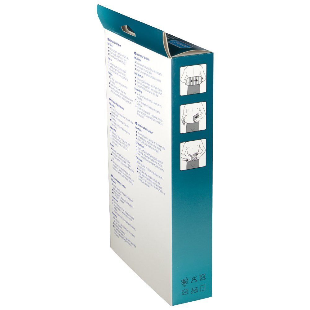 Seite der Verpackung mit Informationen. Illustrationen zur Anwendung. Text in Deutsch, Italienisch, Niederländisch, Französisch.