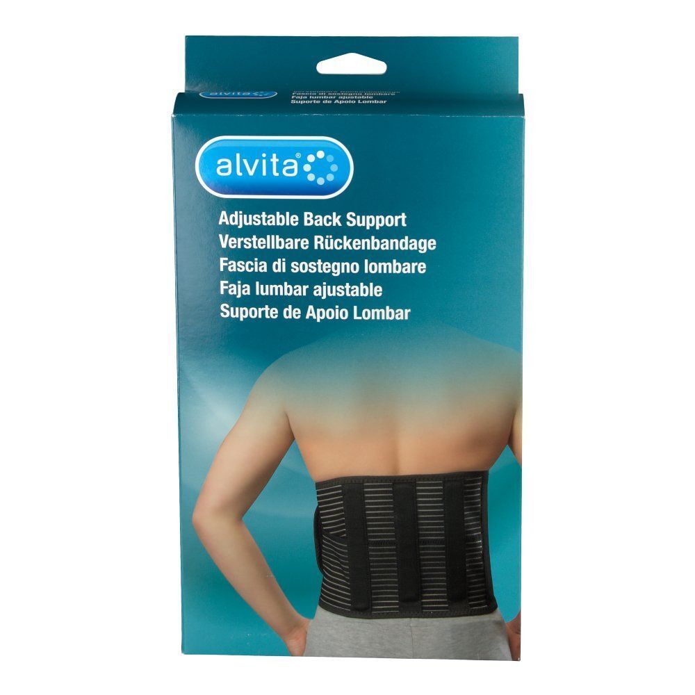 Verpackung mit Rückenbandage. Aufschrift: alvita, Adjustable Back Support. Bandage am Rücken einer Person.