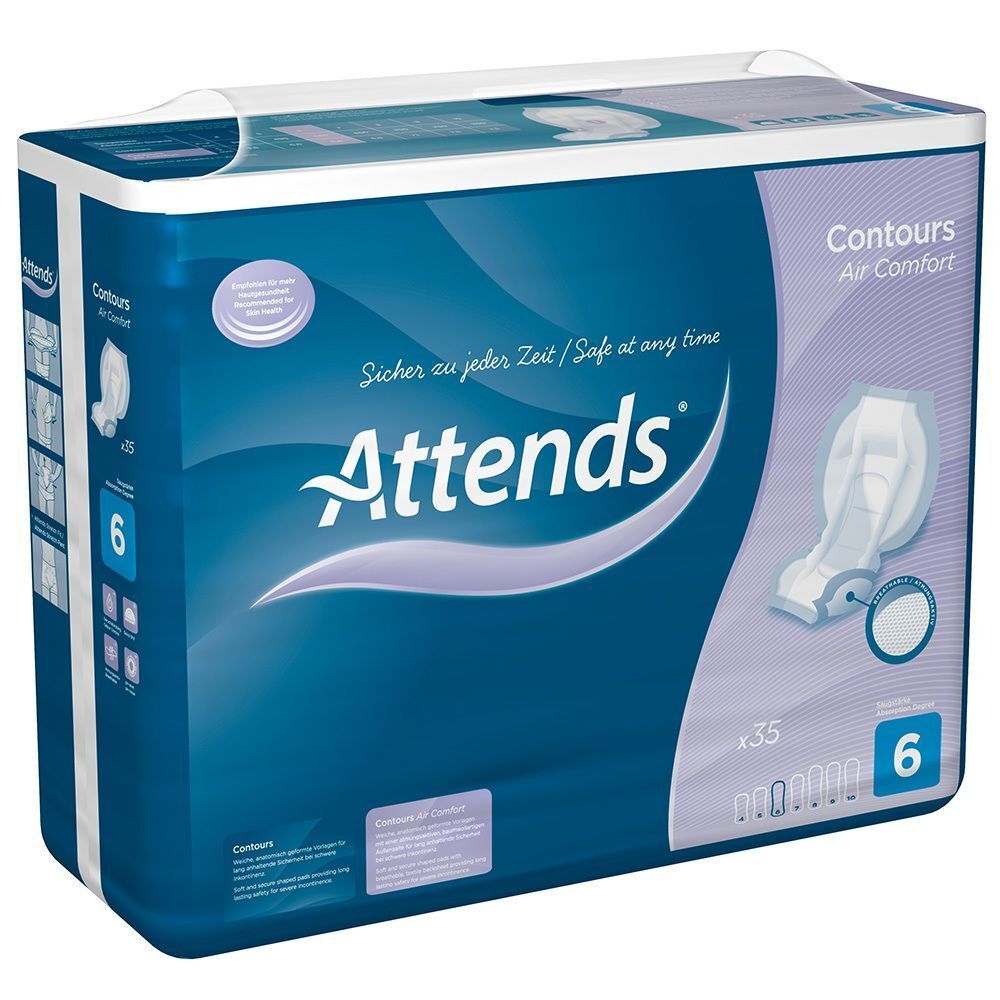 Attends® Contours Air Comfort 6 Vorlagen Packung. Blaue Verpackung mit Produktabbildung und Text. 6 Stück.