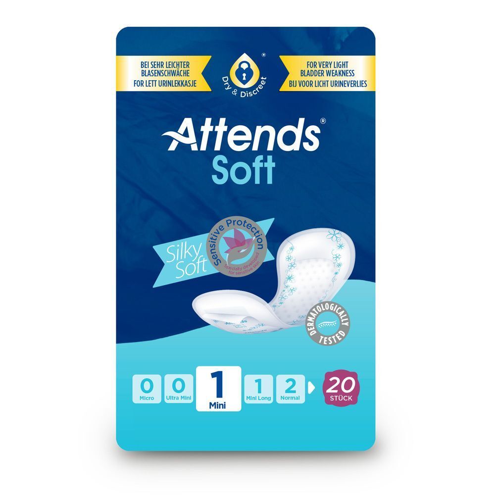 Attends Soft 1 Mini Einlagen Packung. Blaue Verpackung mit Produktname und Logo. Produktinformationen und Zertifizierungen.