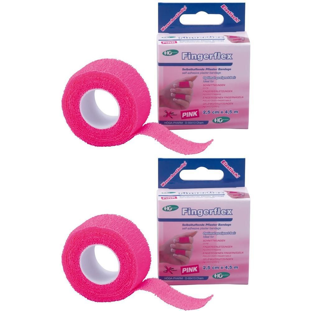 Zwei Rollen pinkfarbenes Fingerflex-Pflaster, 2,5 cm x 4,5 m, mit Verpackung. Aufschrift: Fingerflex, pink.