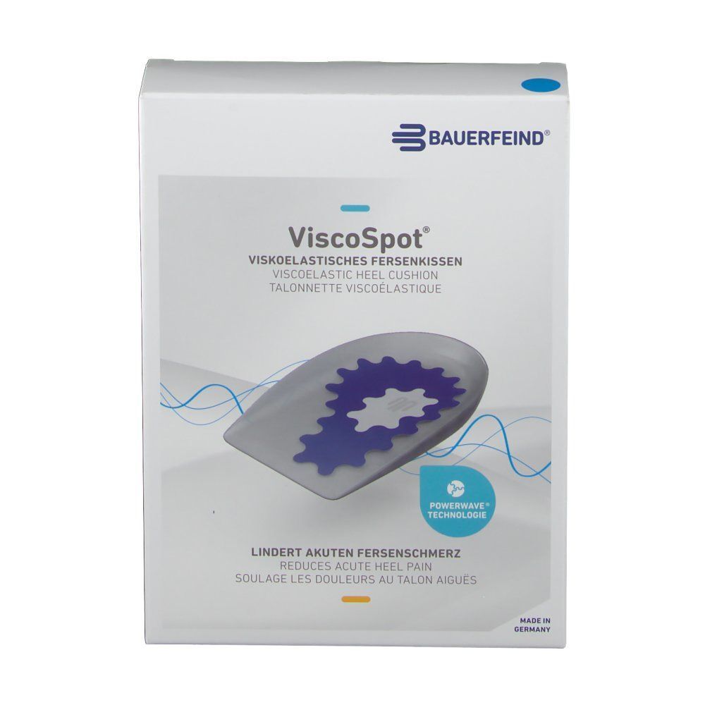 Karton, Viscospot, Bauerfeind. Fersenkissen-Illustration. Reduziert akuten Fersenschmerz. Power Wave Technologie. Hergestellt in Deutschland.