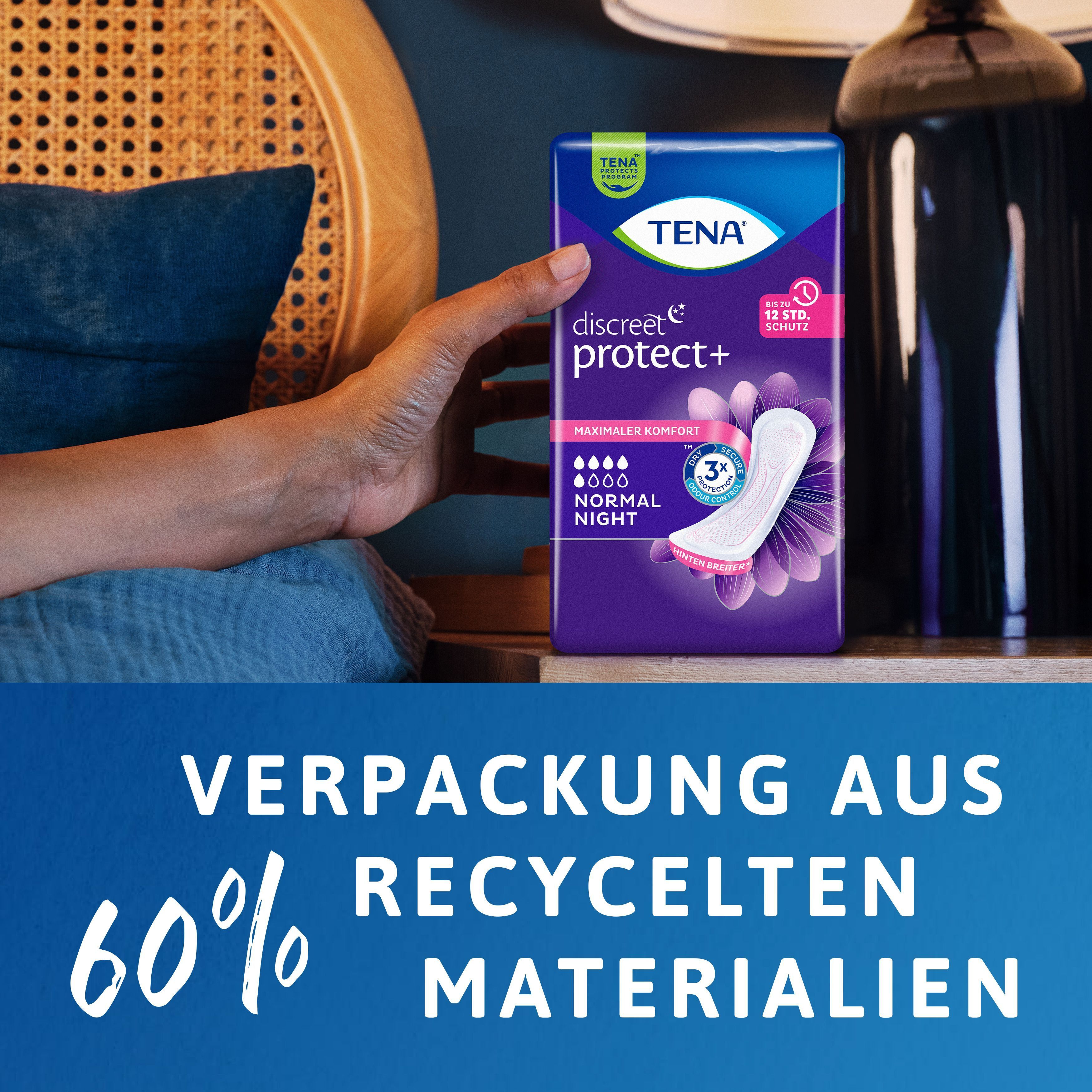 Packung TENA Discreet Normal Night. Text: Verpackung aus 60% recycelten Materialien.