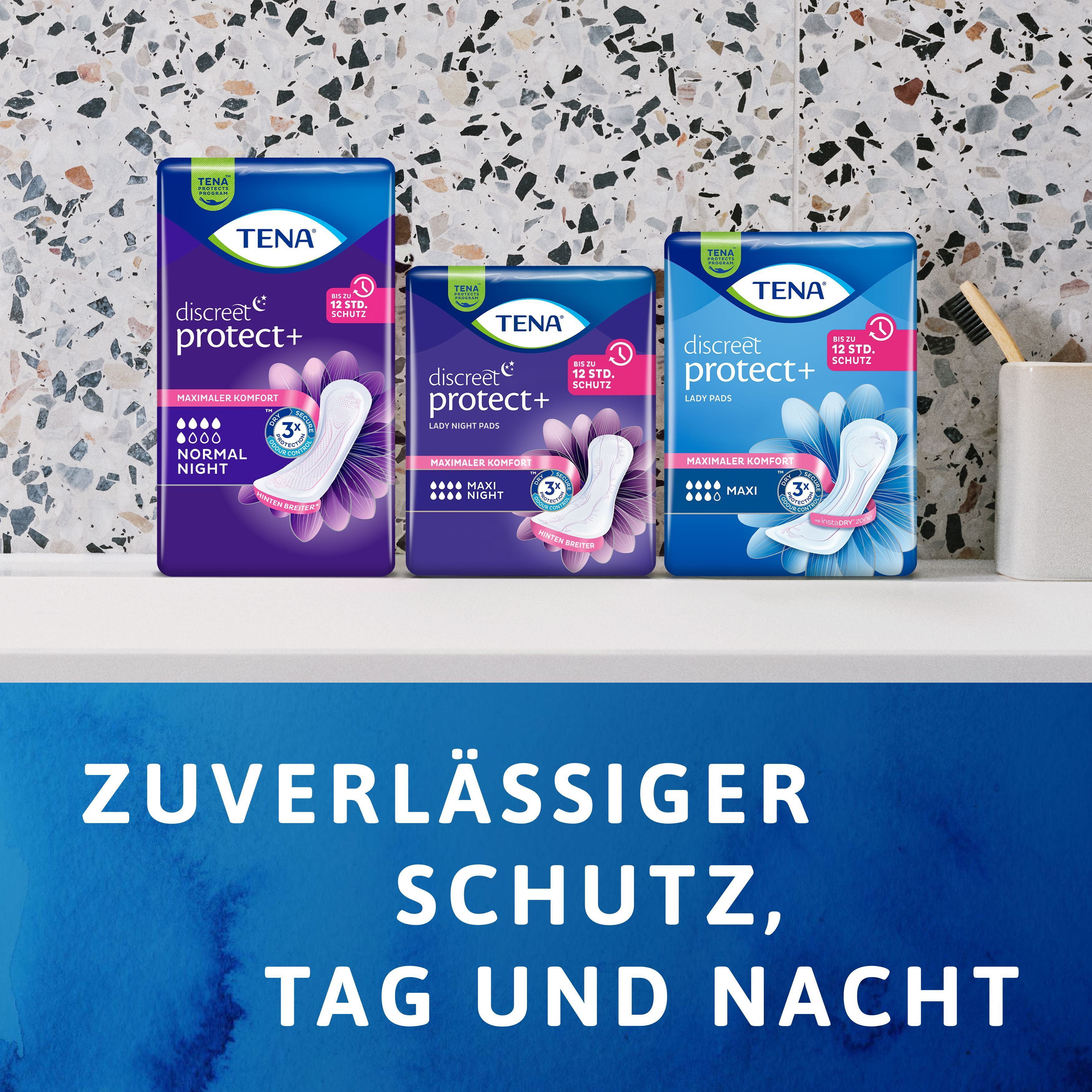 Drei Packungen TENA Discreet. Text: Zuverlässiger Schutz, Tag und Nacht.