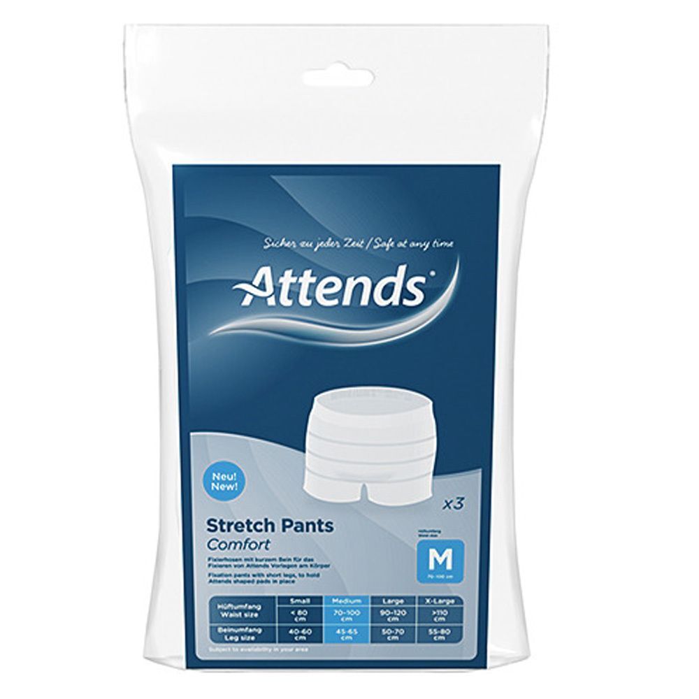 Verpackung Attends Stretch Pants Comfort. Aufdruck: Attends, Stretch Pants Comfort, Größe M. Weiße Fixierhose abgebildet. Größenangaben: Small, Medium, Large, X-Large.