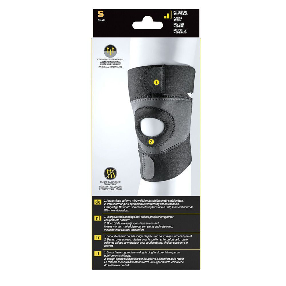 Rückseite der FUTURO™ Sport Kniebandage Verpackung. Produktmerkmale in mehreren Sprachen. Schwarze und graue Bandage.