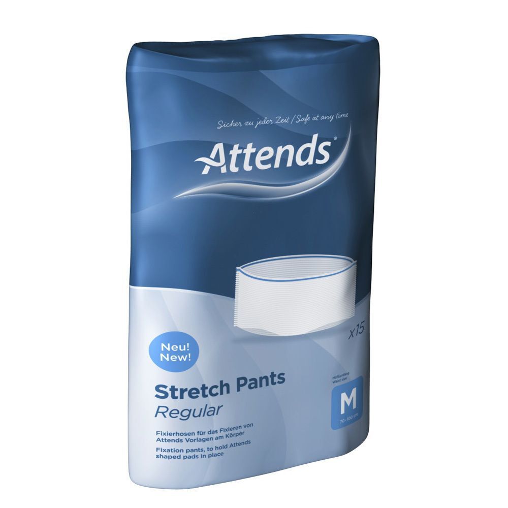 Attends Stretch Pants Regular M. Blaue Verpackung mit weißem Produkt. Text: Attends, Stretch Pants, Regular, M. Fixierhosen für die Fixierung von Attends Vorlagen am Körper.