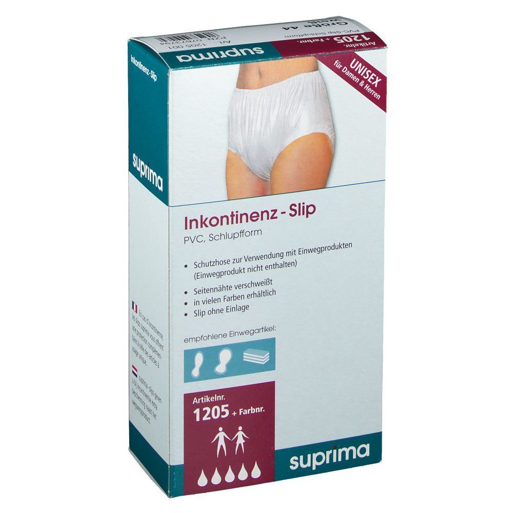 Verpackung Suprima Inkontinenz-Slip, Größe 44, weiß. Abbildung: Inkontinenz-Slip. Aufdruck: Suprima, Inkontinenz-Slip, PVC, Schlupfform, Artikelnummer 1205.