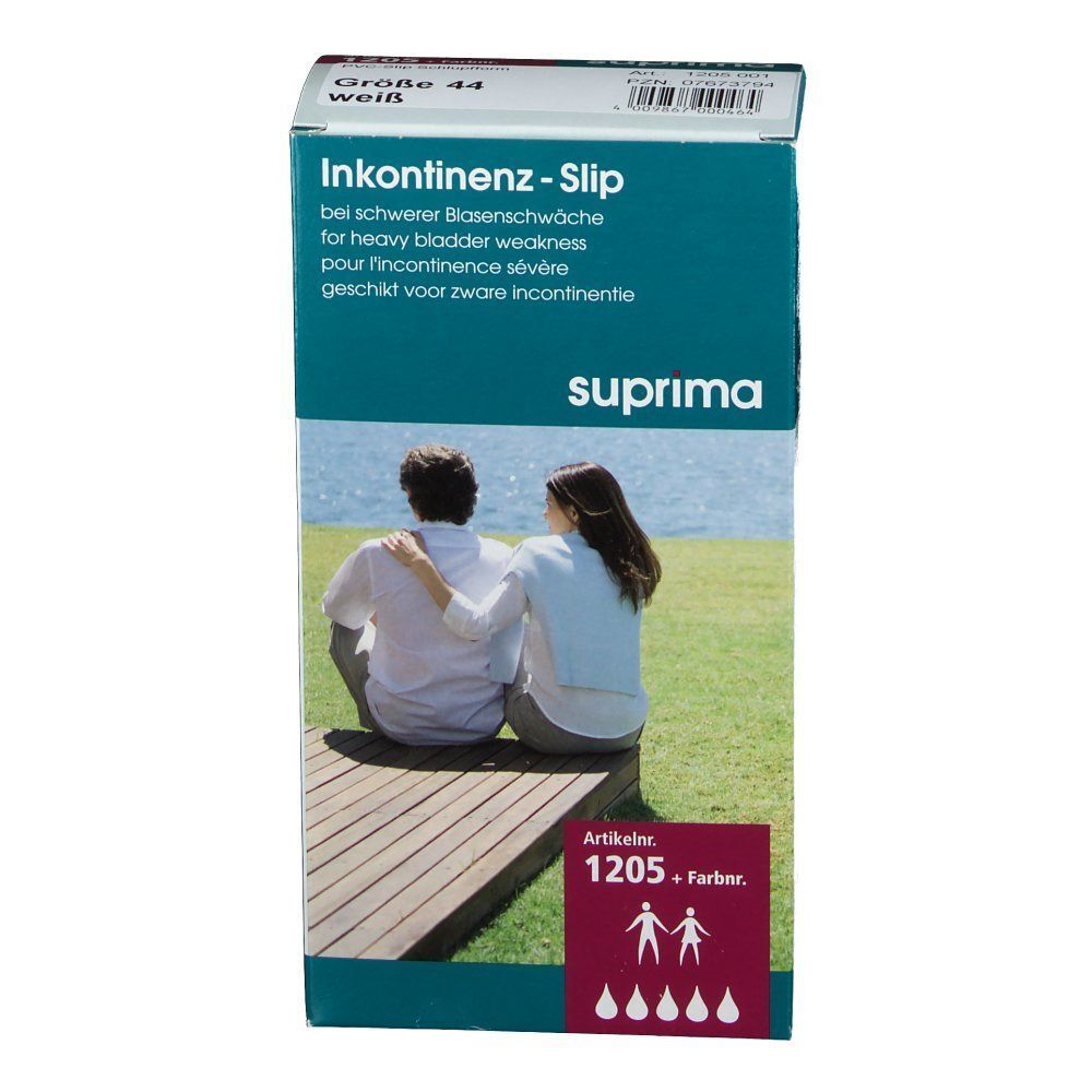 Verpackung Suprima Inkontinenz-Slip, Größe 44, weiß. Aufdruck: Suprima, Inkontinenz-Slip, Artikelnummer 1205. Abbildung: Paar auf Steg.