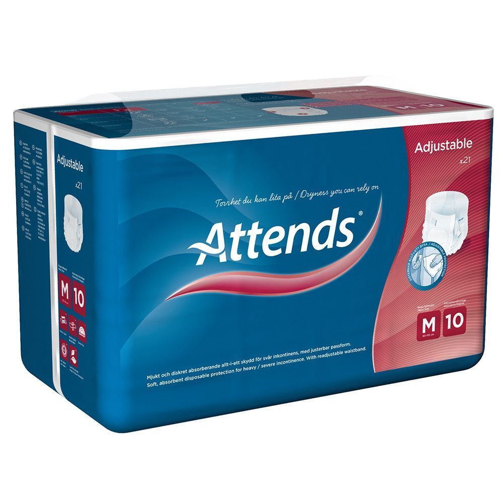 Attends Adjustable M 10 Packung. Blaue Verpackung mit weißer Schrift und Produktabbildung. Aufschrift 'Adjustable'.