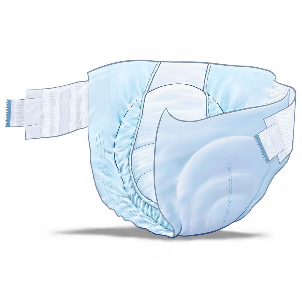 Offene, blaue Windel mit weißen Klettverschlüssen. Innenliegende, absorbierende Schicht. Ansicht von oben.