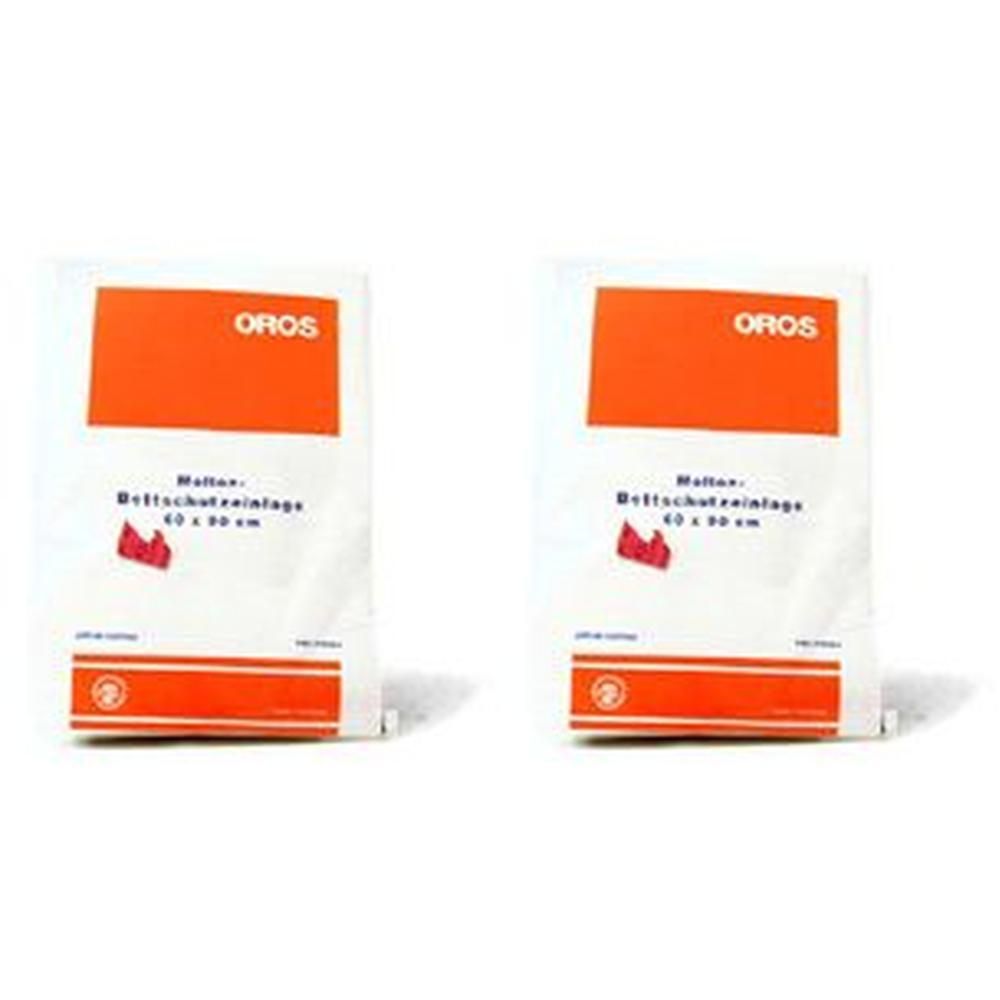 Zwei weiße Verpackungen mit orangefarbenem Rechteck und Text. Oben steht "OROS". Darunter "Molton Bettschutzeinlage 60 x 90 cm".