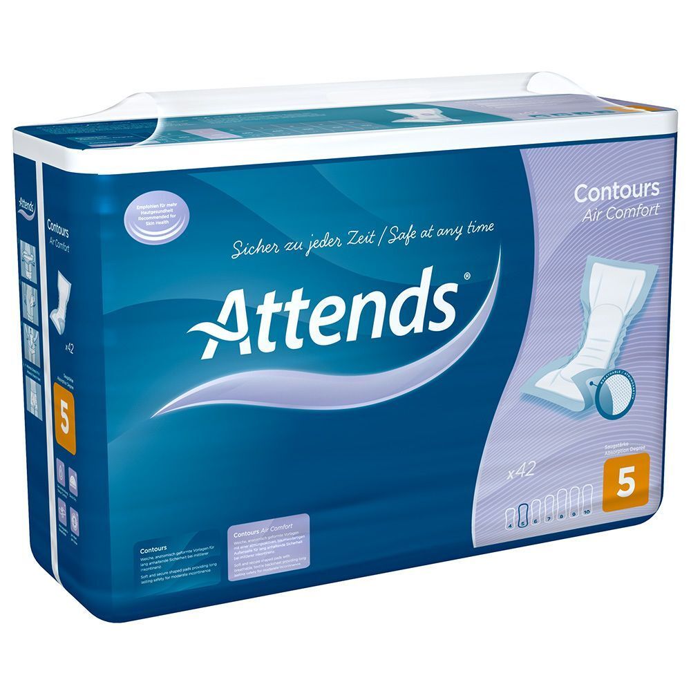 Verpackung Attends Contours Air Comfort 5 Einlagen. Produktname, Logo, Hinweis auf Atmungsaktivität und Anzahl der Einlagen.
