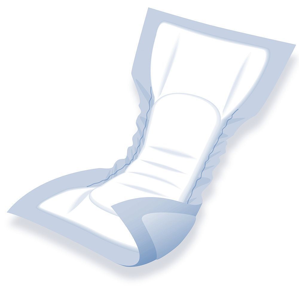 Einzelne Attends Contours Air Comfort 5 Einlage. Weiße, rechteckige Form mit blauen Rändern und zentralem, absorbierendem Bereich.