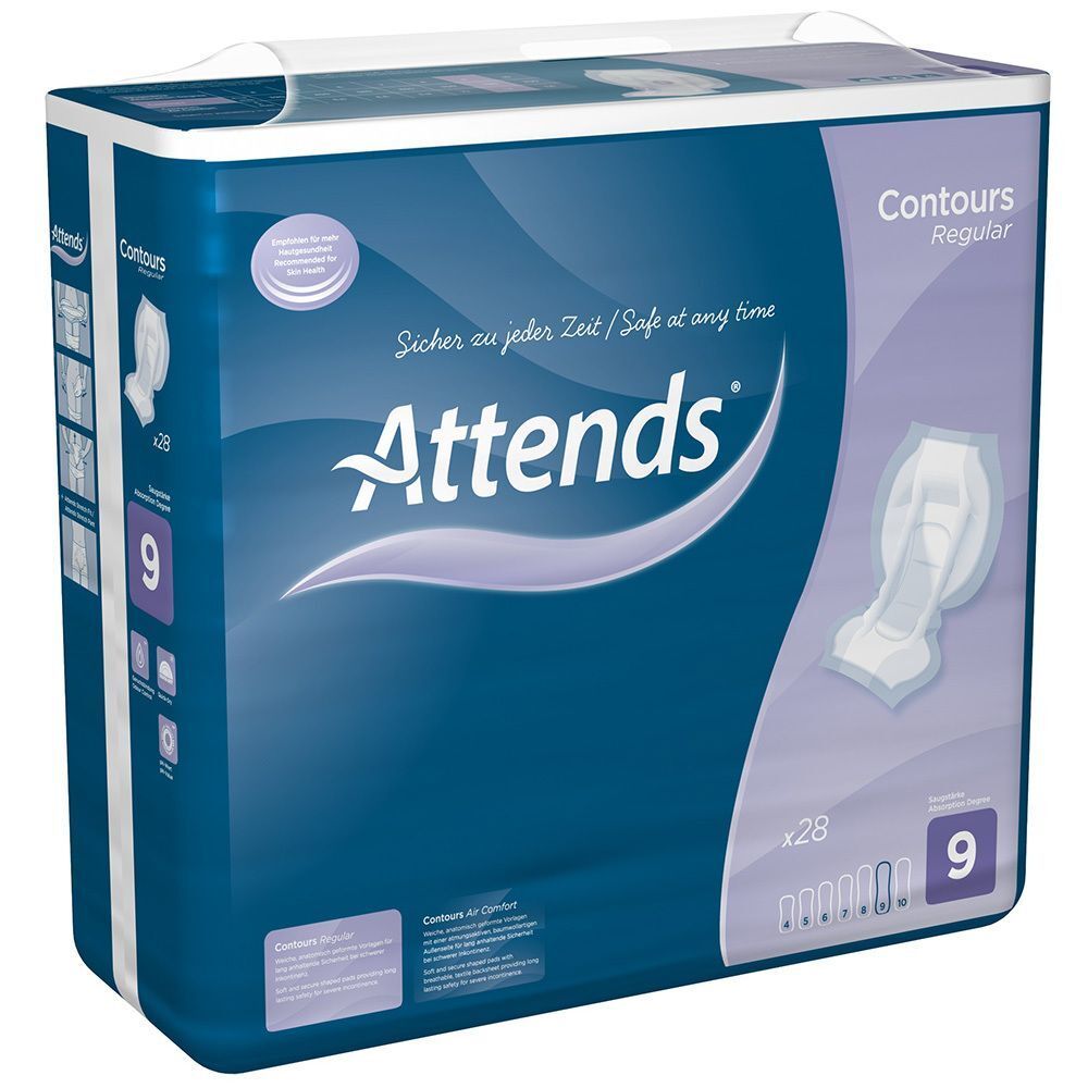 Attends® Contours Regular 9 Vorlagen Packung. Blaue Verpackung mit Produktabbildung, Markenlogo und Text. Enthält 28 Stück.