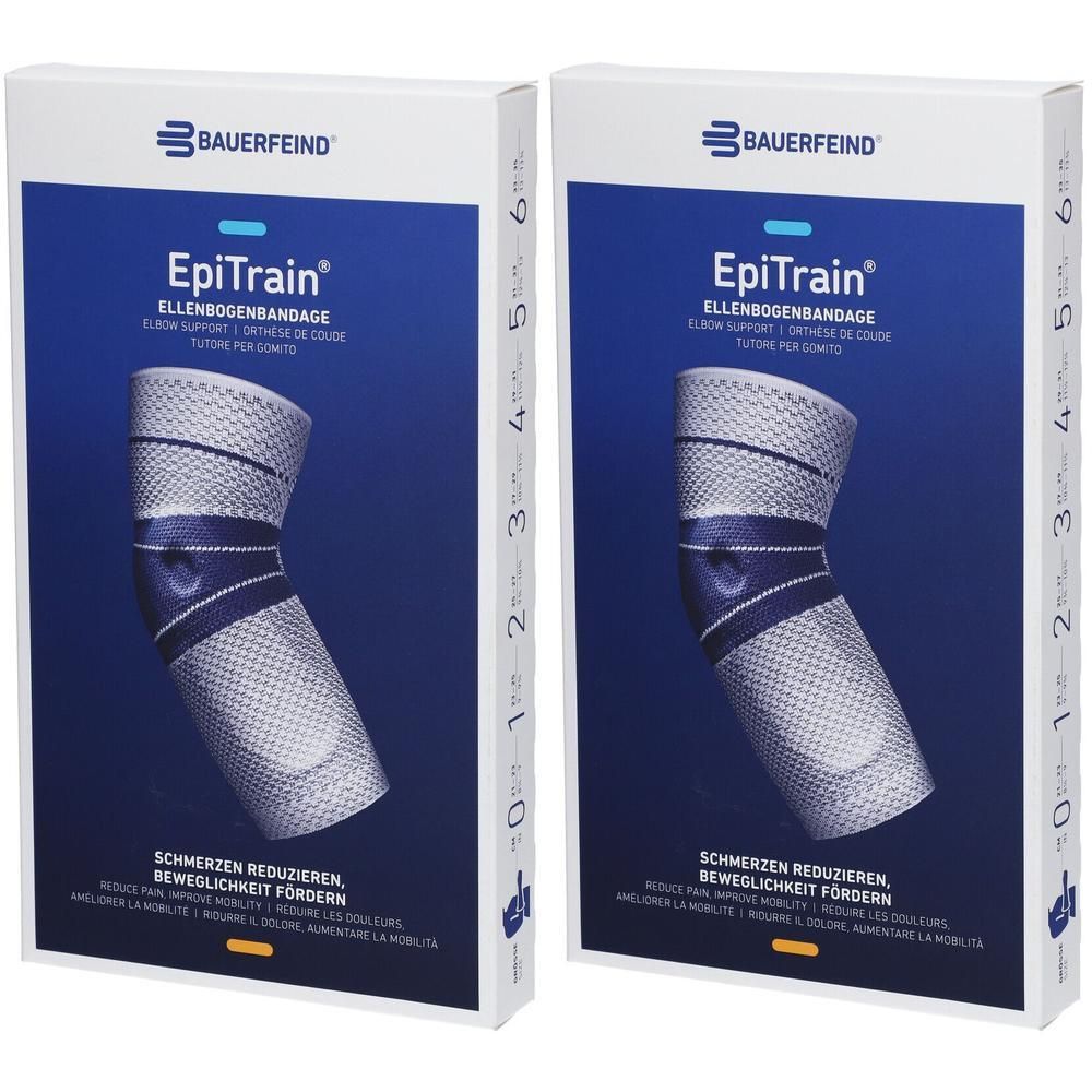Zwei Verpackungen mit Ellenbogenbandagen. Aufschrift: EpiTrain, Bauerfeind. Größenangaben auf der Seite.
