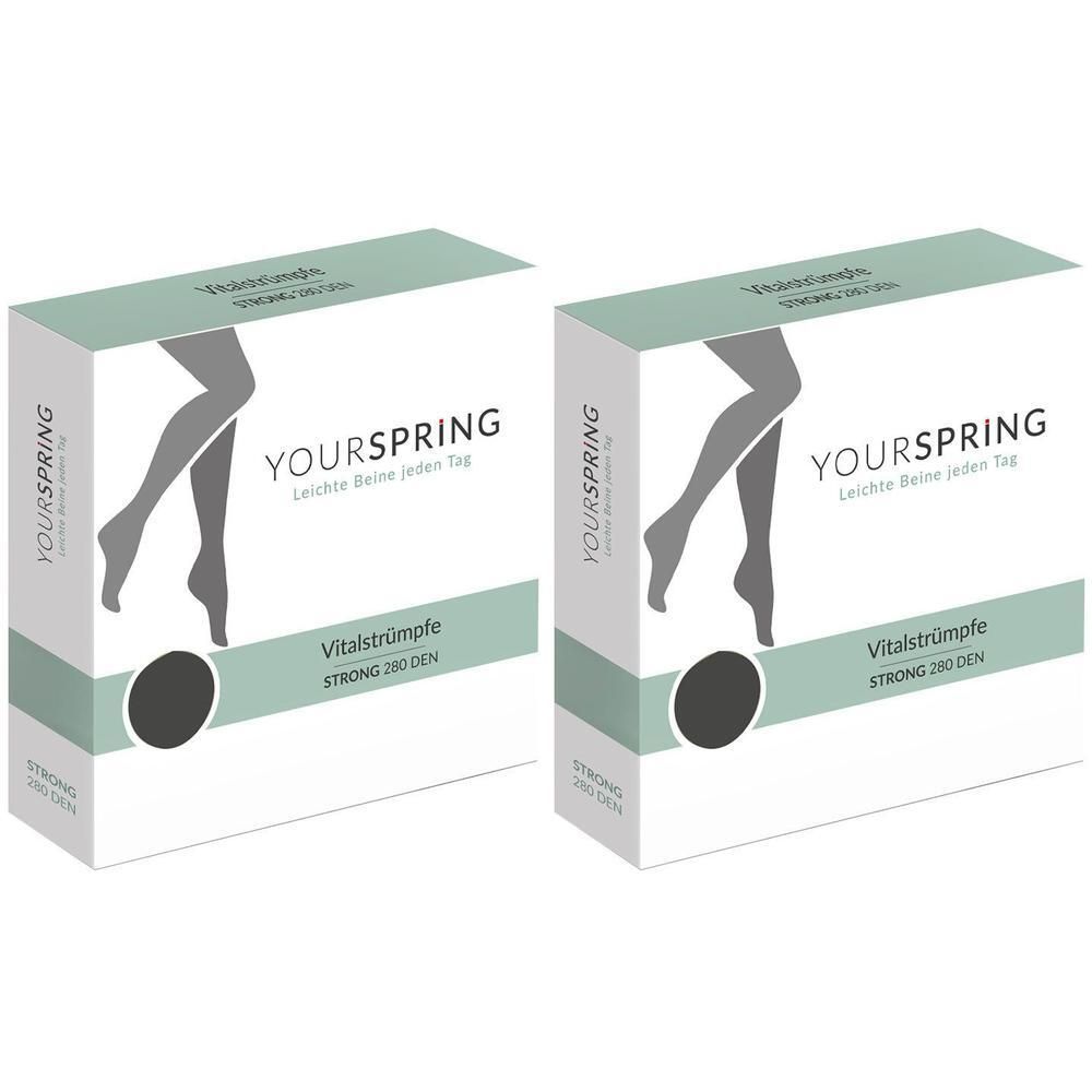 Zwei rechteckige Verpackungen. Aufdruck: YOURSPRING, Vitalstrümpfe, STRONG 280 DEN. Abbildung: Beine mit Strümpfen.