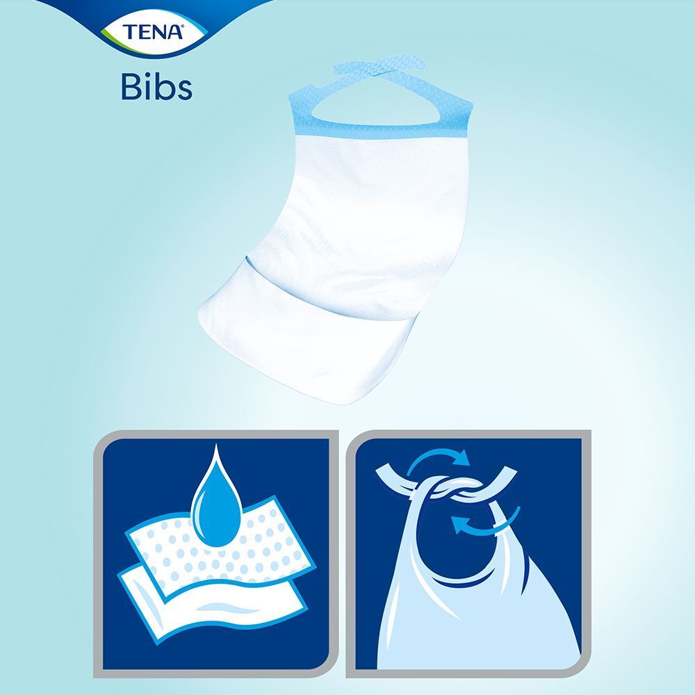 TENA Bibs. Produktabbildung. Zwei Piktogramme: Tropfen auf Material, Bindeband. Blauer Hintergrund.