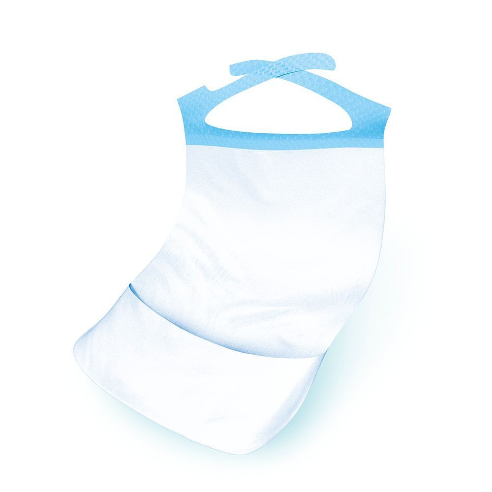 TENA Bibs. Weißes Lätzchen mit blauem Rand und Bindeband. Auf weißem Hintergrund.