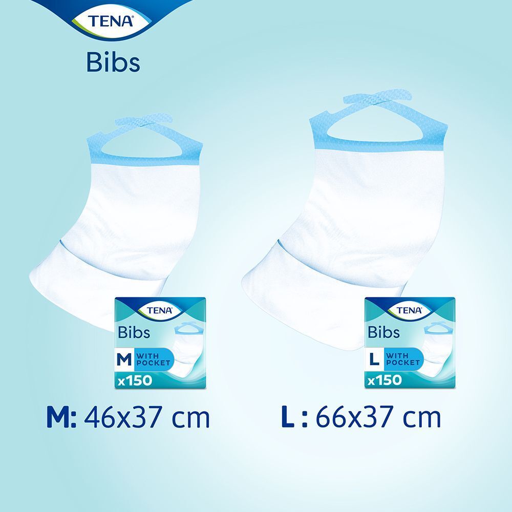 TENA Bibs. Zwei Lätzchen, M und L. Verpackungen mit Größenangaben: M: 46x37 cm, L: 66x37 cm. Text: TENA, Bibs, mit Tasche, x150.