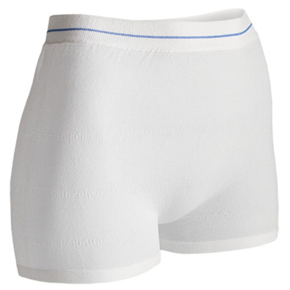 Weiße TENA Fix Fixierhose XL. Kurze Hose mit blauem Bund. Aus weichem, geripptem Material.