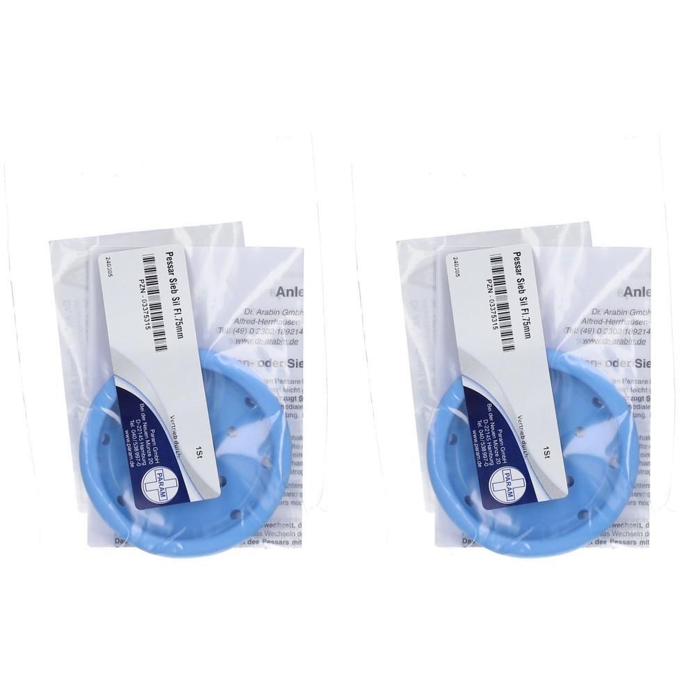 Zwei blaue Silikon-Pessare, verpackt mit Beipackzettel. Auf dem Zettel steht "Pessar Sieb 75mm".