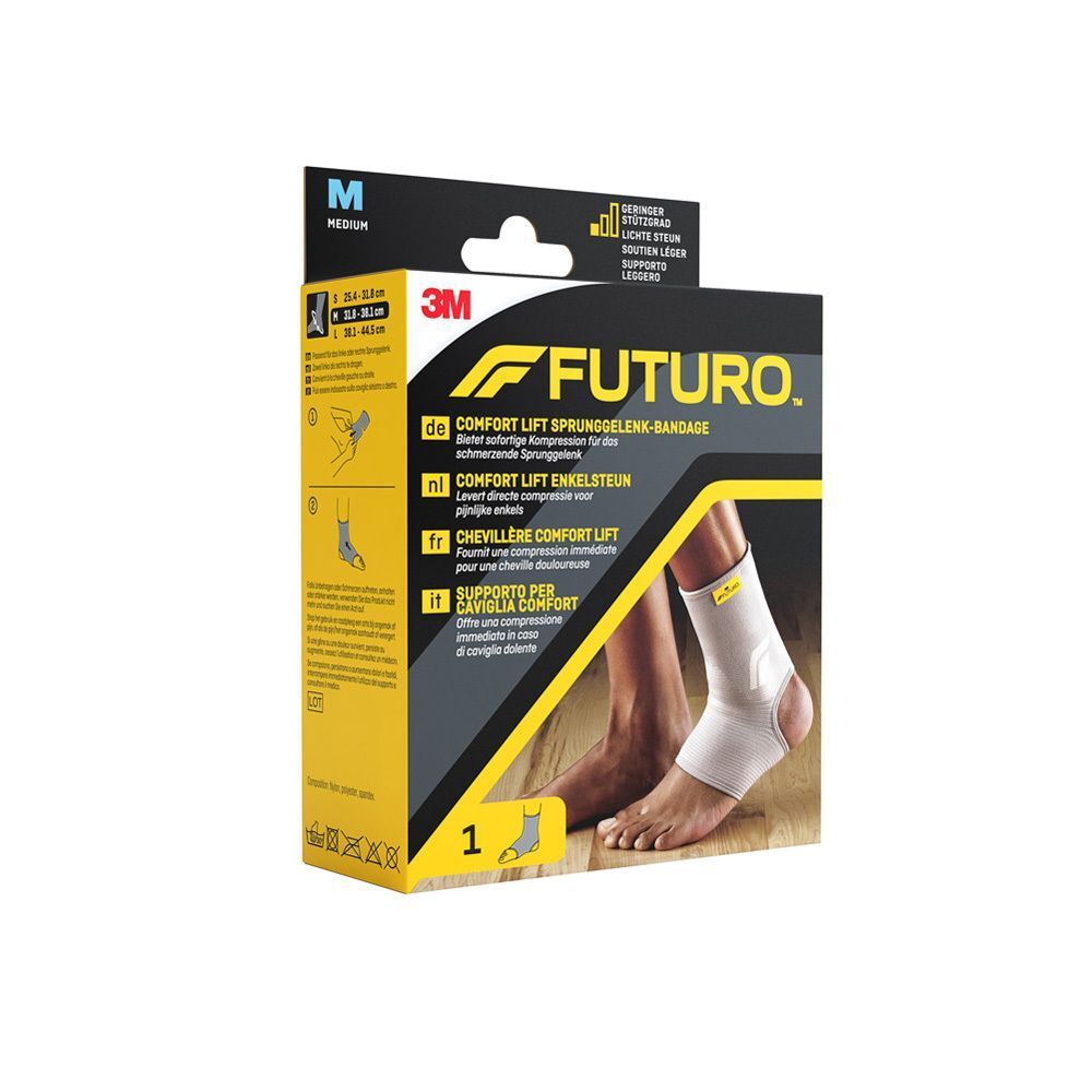 FUTURO Comfort Sprunggelenk-Bandage, Größe M, in Verpackung. Produktabbildung und Text auf schwarzem Hintergrund.