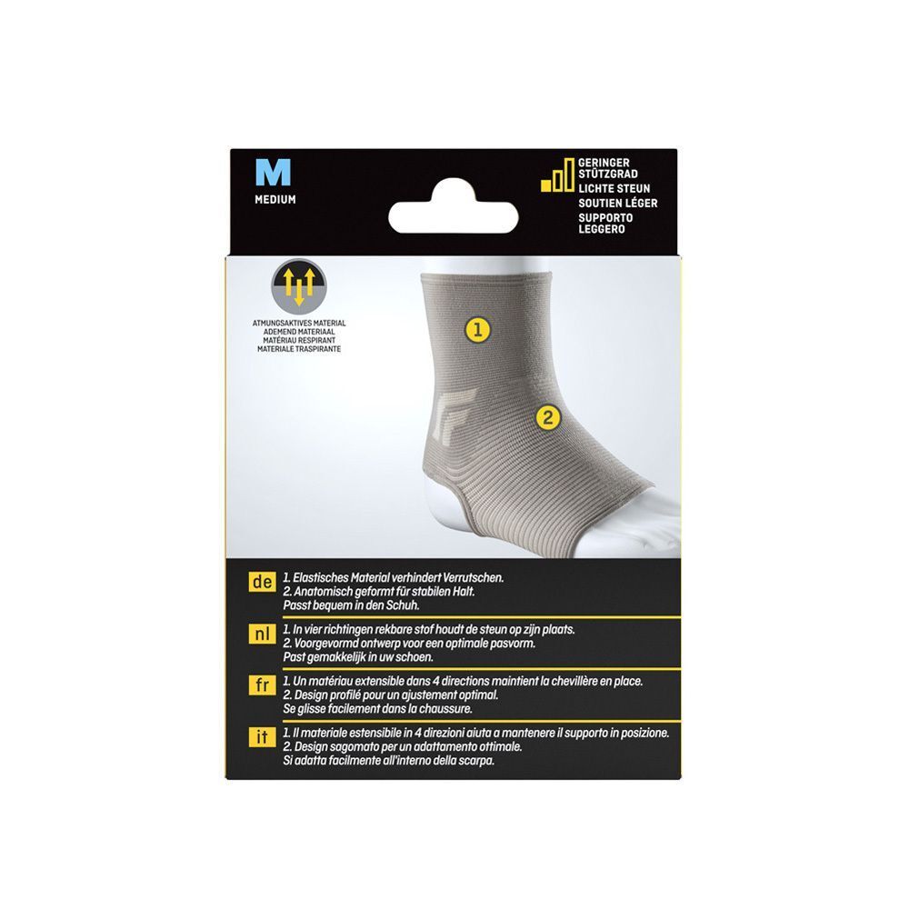 Rückseite der FUTURO Comfort Sprunggelenk-Bandage Verpackung. Produktmerkmale und Größenangaben.