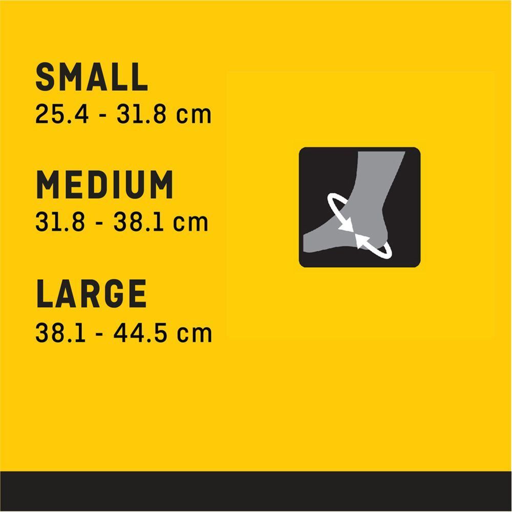 Größenangaben für FUTURO Sprunggelenk-Bandage: Small, Medium, Large. Gelber Hintergrund mit Text.