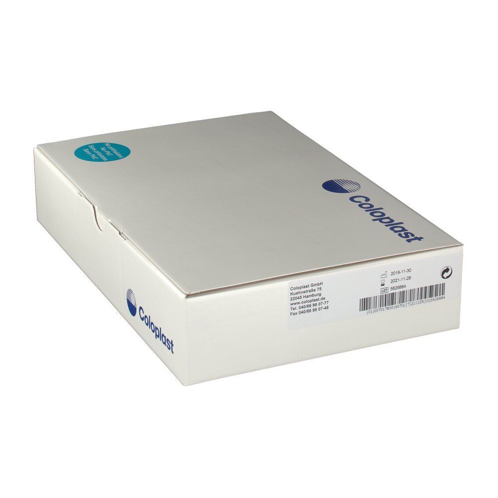 Weißer Karton mit Coloplast-Logo. Aufkleber und Barcode. Deckel mit Aussparung.