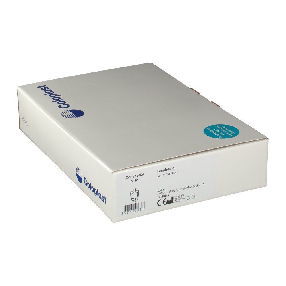 Weißer Karton mit Coloplast-Logo. Produktbezeichnung und Barcode. Deckel mit Aussparung.