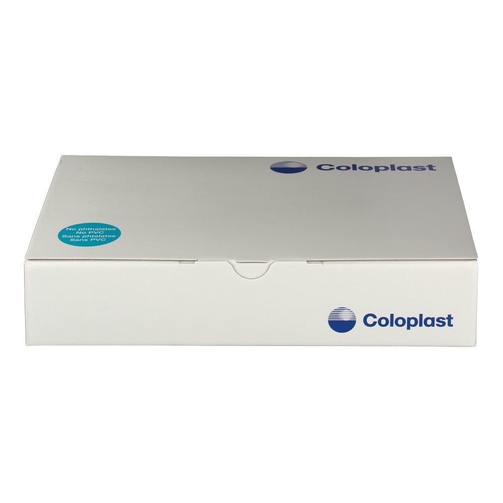 Weißer Karton mit Coloplast-Logo. Runder blauer Aufkleber. Deckel mit Aussparung.