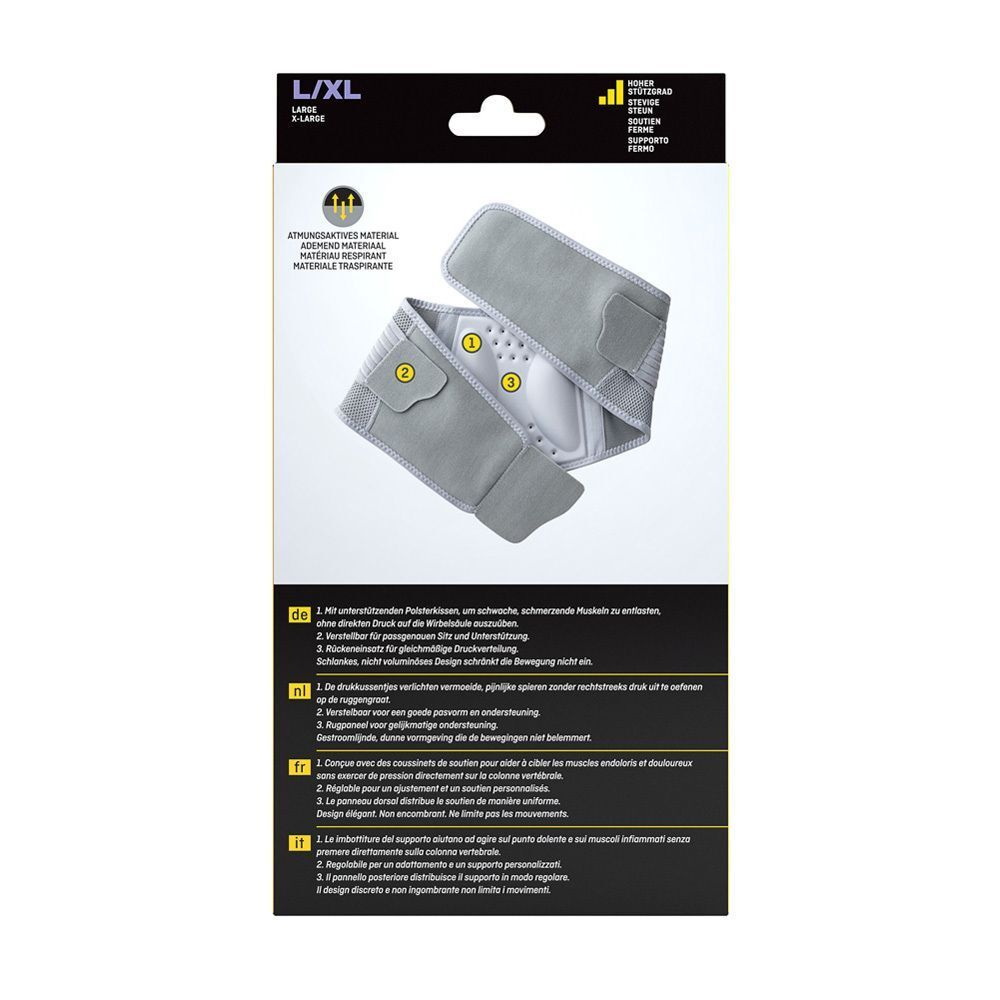 Rückseite der FUTURO™ Rücken-Bandage L/XL Verpackung. Illustrationen zur Anwendung und Produktmerkmale.