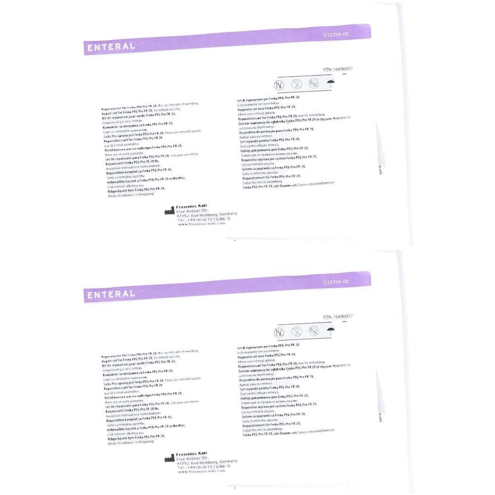 Zwei weiße Blätter mit Text und lila Streifen. Oben steht ENTERAL. Text in mehreren Sprachen.