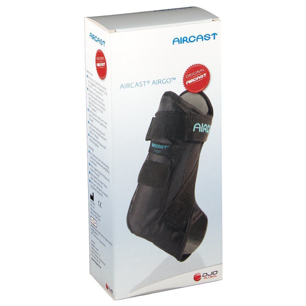 Produktverpackung. AIRCAST® AIRGO™ Sprunggelenkorthese in Schachtel. Logo und Produktname deutlich.